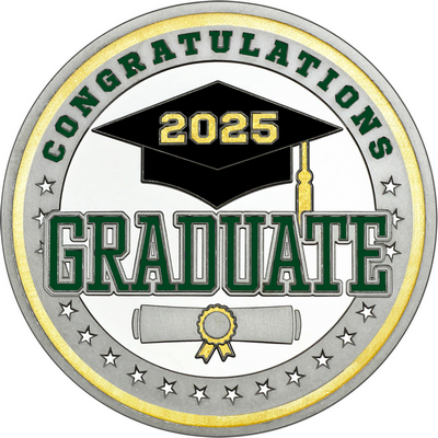 Dark Green "Congratulations Graduate" with Gold 2025, Rim, Tassel & Ribbon